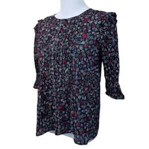 LOFT Cotton Blouse S Hearts Ruffles Smocked Short Sleeves Whimsigoth‎ Fairy Twee